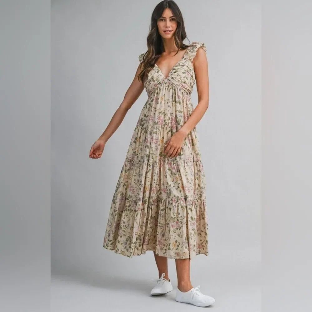 MABLE Maxi Dress Floral Tan Ruched Sleeveless 100% Cotton NWT